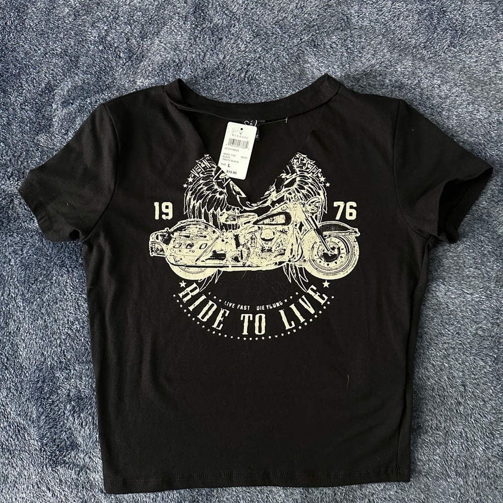 living doll Black Graphic Crop Tee with Motorcycle Print